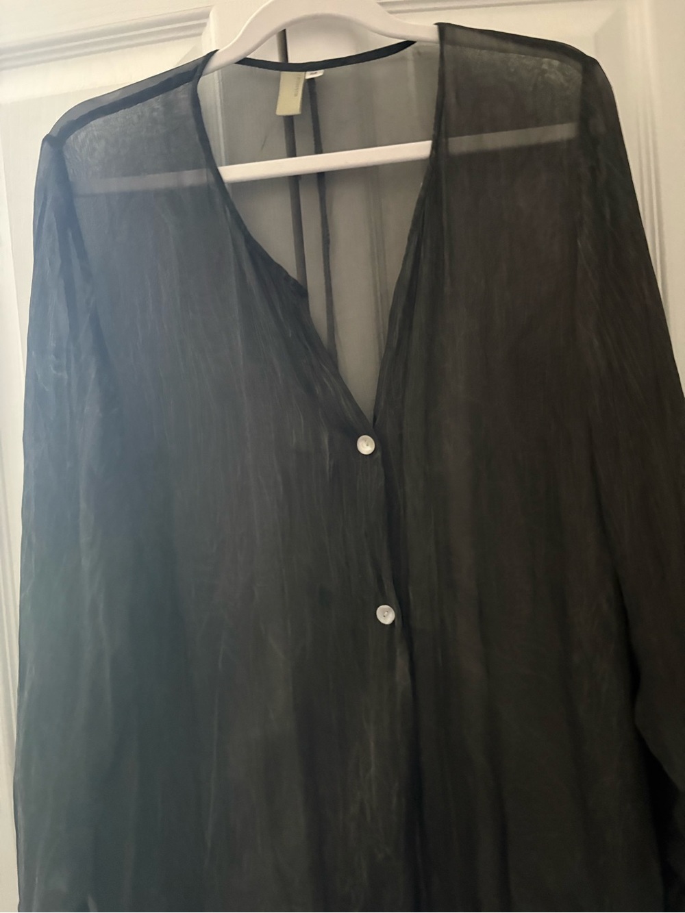Sheer Gray Black Long Sleeve Cover-Up V-Neck Button Front